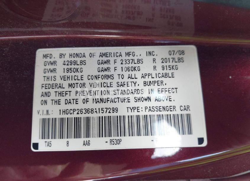 Photo 9 of 2008 Honda Accord 2.4 LX (VIN 1HGCP26368A157299)