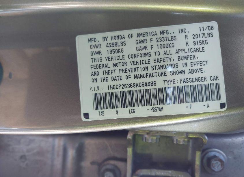 Photo 9 of 2009 Honda Accord 2.4 LX (VIN 1HGCP26369A064686)