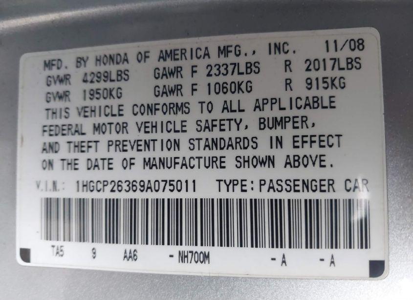 Photo 9 of 2009 Honda Accord 2.4 LX (VIN 1HGCP26369A075011)