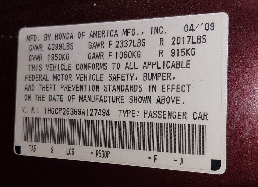 Photo 9 of 2009 Honda Accord 2.4 LX (VIN 1HGCP26369A127494)