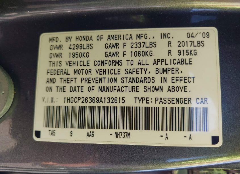 Photo 9 of 2009 Honda Accord 2.4 LX (VIN 1HGCP26369A132615)
