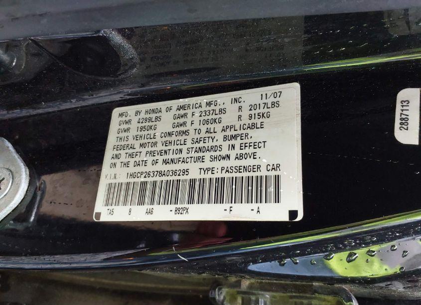 Photo 9 of 2008 Honda Accord 2.4 LX (VIN 1HGCP26378A036295)