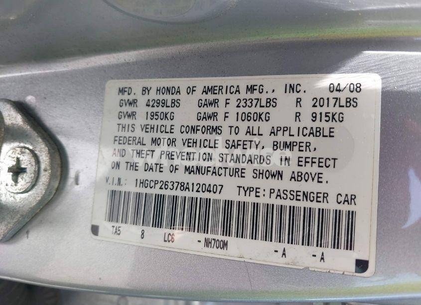 Photo 9 of 2008 Honda Accord 2.4 LX (VIN 1HGCP26378A120407)