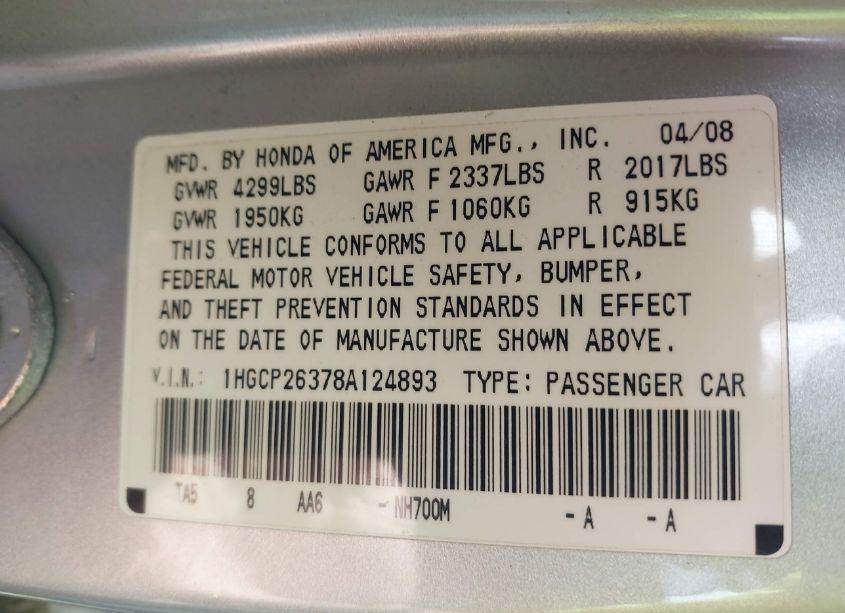 Photo 9 of 2008 Honda Accord 2.4 LX (VIN 1HGCP26378A124893)