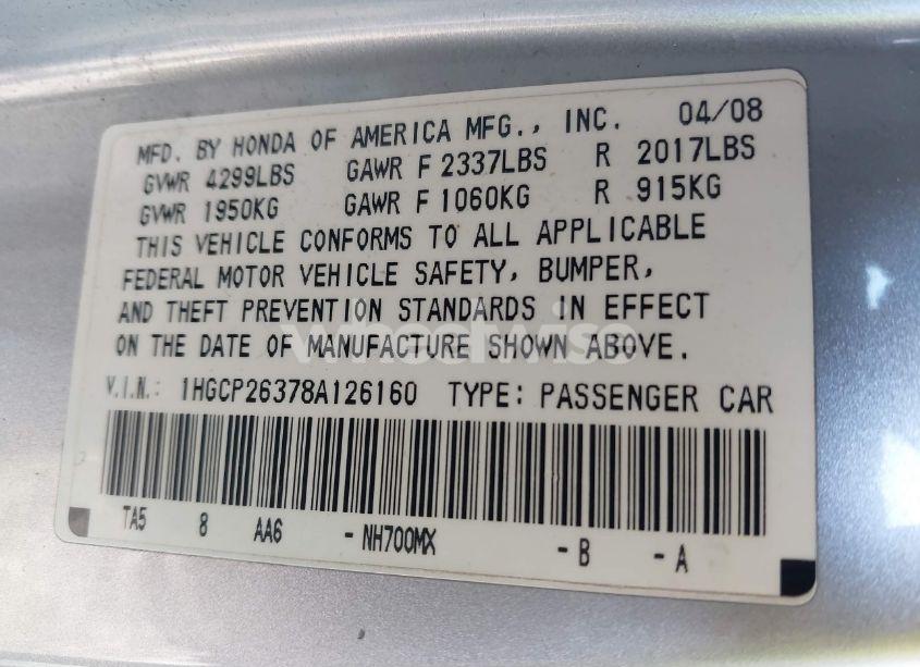 Photo 9 of 2008 Honda Accord 2.4 LX (VIN 1HGCP26378A126160)