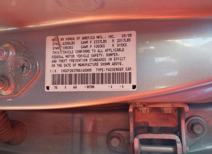 Photo 9 of 2008 Honda Accord 2.4 LX (VIN 1HGCP26378A140995)