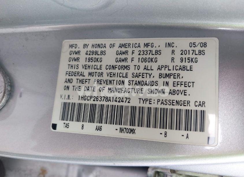 Photo 9 of 2008 Honda Accord 2.4 LX (VIN 1HGCP26378A142472)