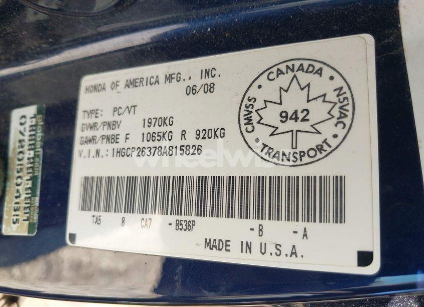 Photo 9 of 2008 Honda Accord 2.4 LX (VIN 1HGCP26378A815826)