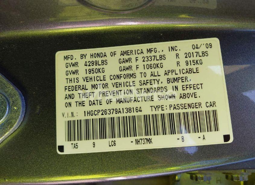 Photo 9 of 2009 Honda Accord 2.4 LX (VIN 1HGCP26379A138164)