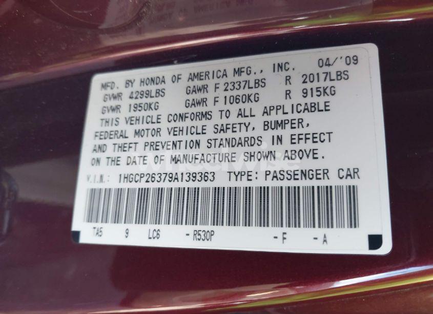 Photo 9 of 2009 Honda Accord 2.4 LX (VIN 1HGCP26379A139363)