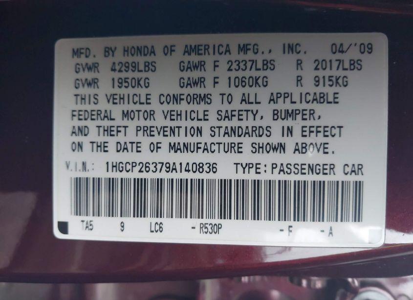 Photo 9 of 2009 Honda Accord 2.4 LX (VIN 1HGCP26379A140836)