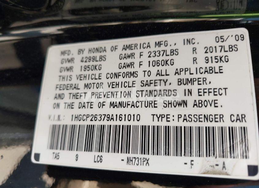 Photo 9 of 2009 Honda Accord 2.4 LX (VIN 1HGCP26379A161010)