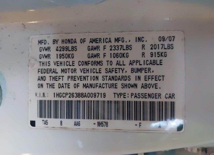 Photo 9 of 2008 Honda Accord 2.4 LX (VIN 1HGCP26388A009719)