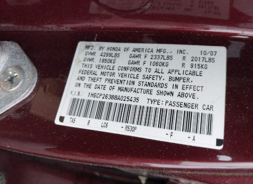 Photo 9 of 2008 Honda Accord 2.4 LX (VIN 1HGCP26388A025435)