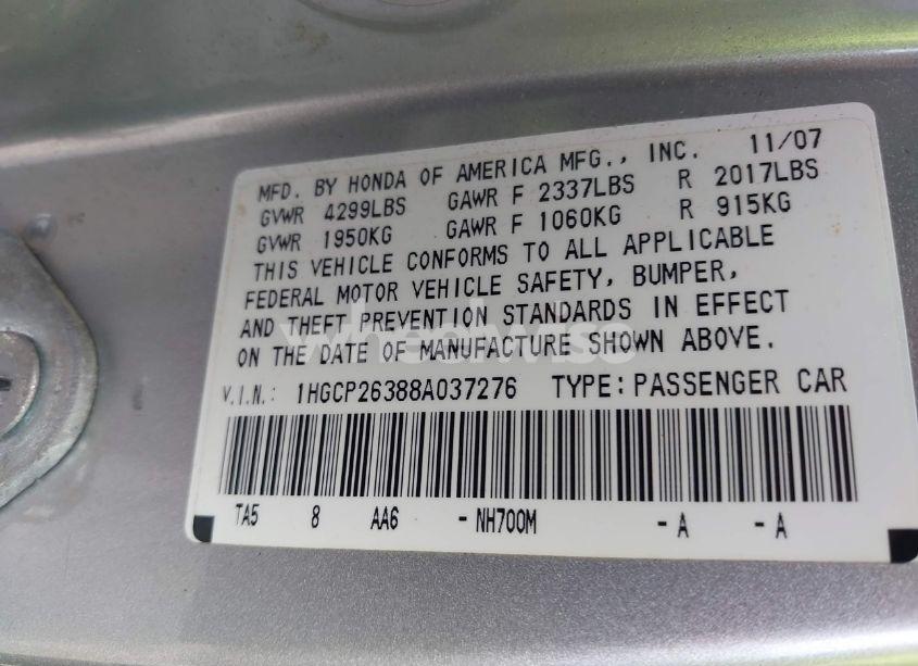 Photo 9 of 2008 Honda Accord 2.4 LX (VIN 1HGCP26388A037276)