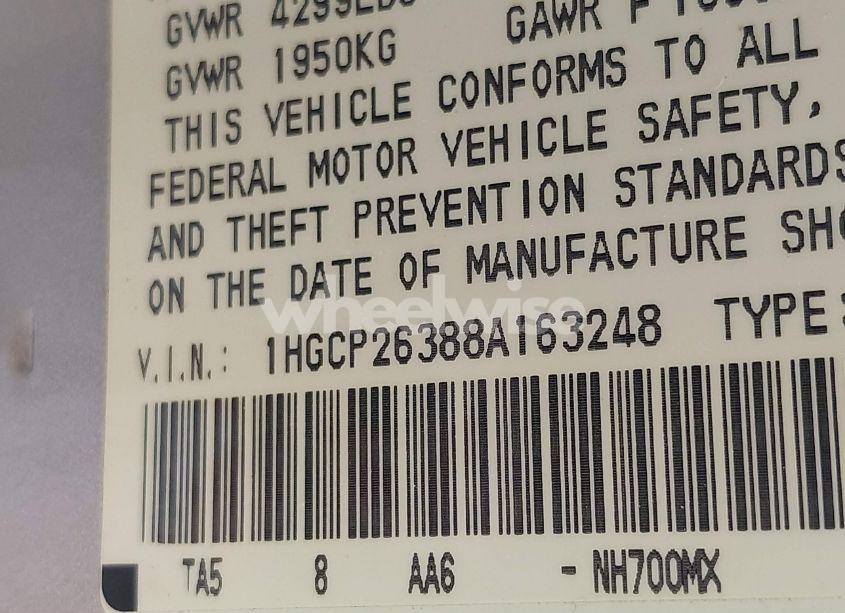 Photo 9 of 2008 Honda Accord 2.4 LX (VIN 1HGCP26388A163248)