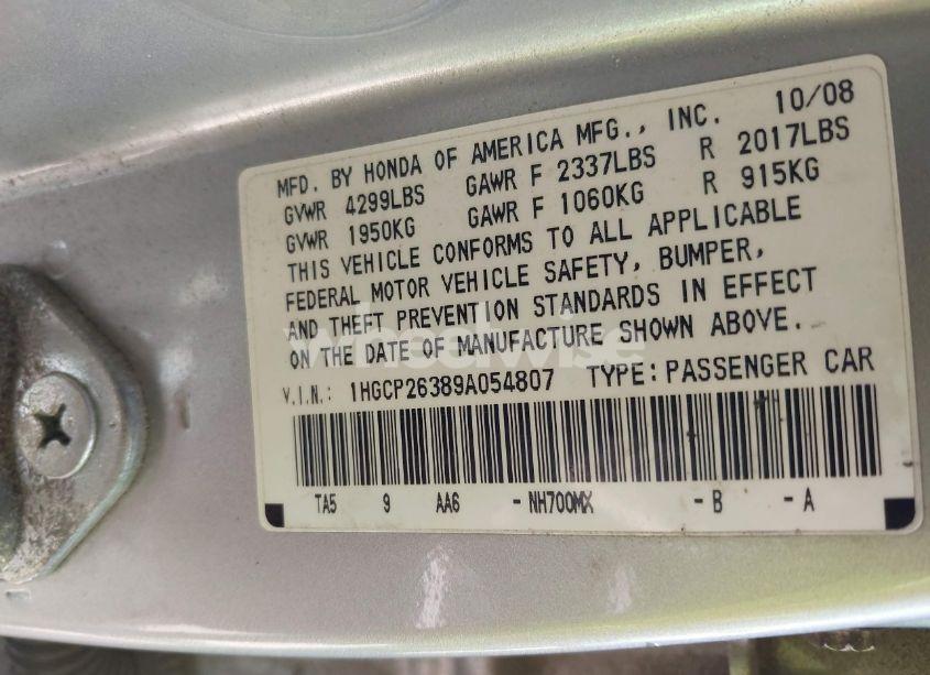 Photo 9 of 2009 Honda Accord 2.4 LX (VIN 1HGCP26389A054807)