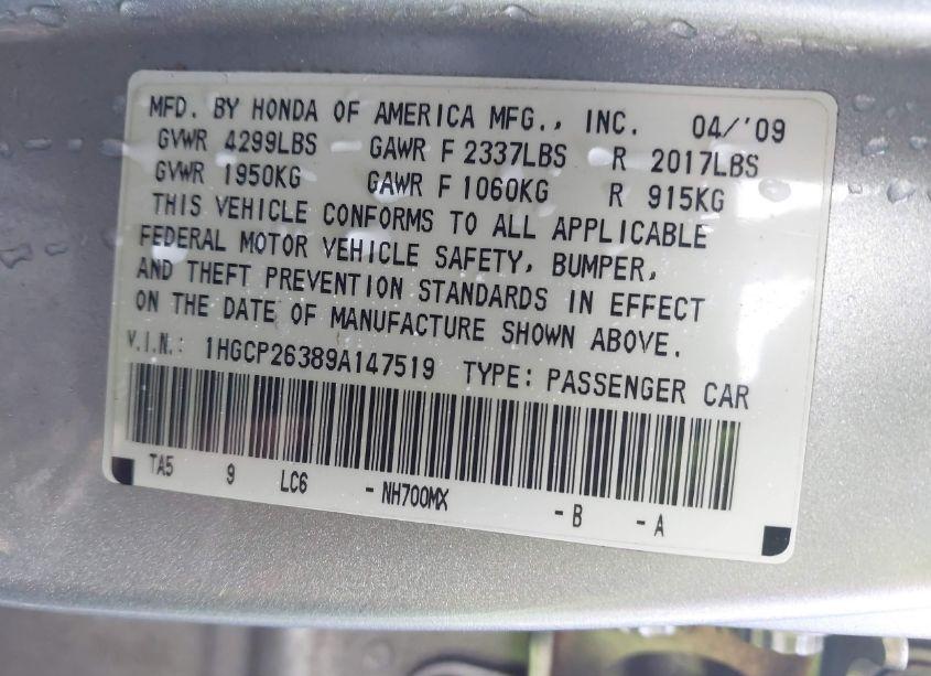 Photo 9 of 2009 Honda Accord 2.4 LX (VIN 1HGCP26389A147519)
