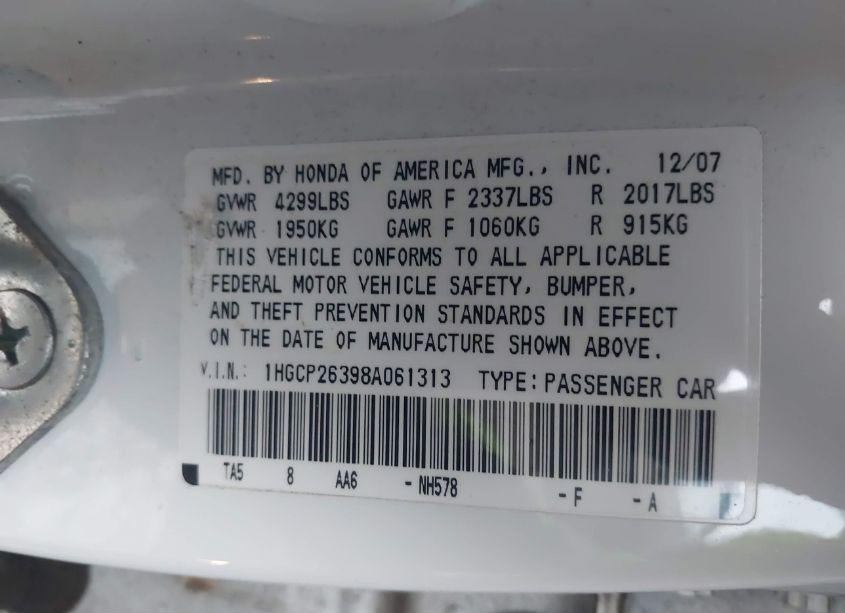 Photo 9 of 2008 Honda Accord 2.4 LX (VIN 1HGCP26398A061313)