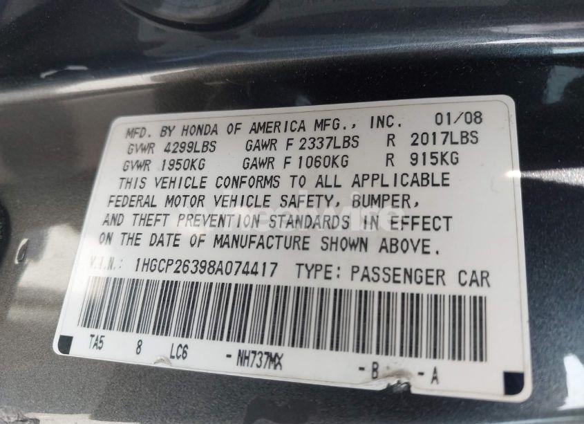 Photo 9 of 2008 Honda Accord 2.4 LX (VIN 1HGCP26398A074417)