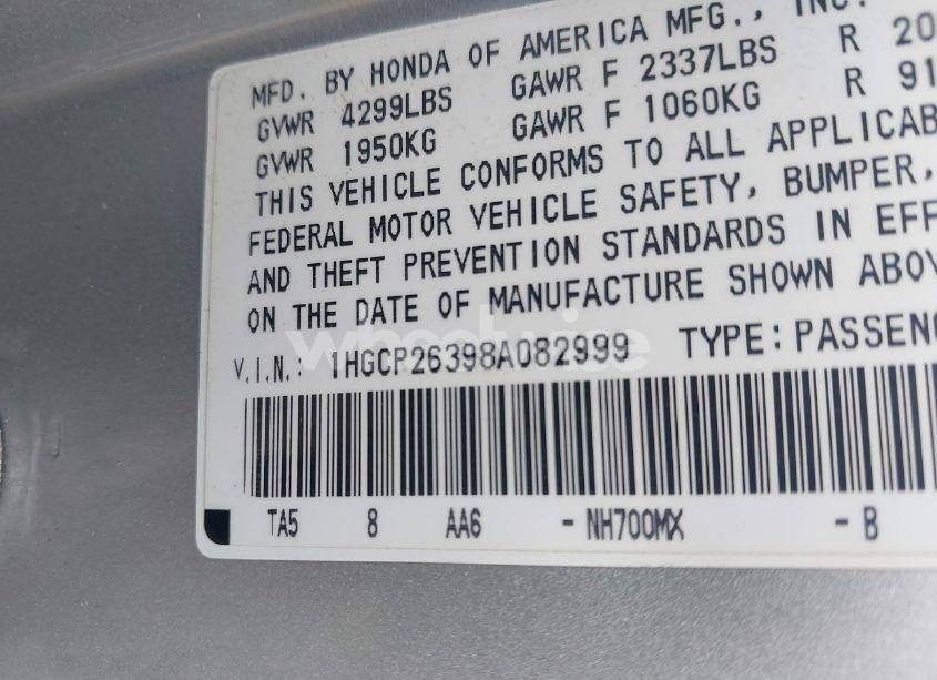 Photo 9 of 2008 Honda Accord 2.4 LX (VIN 1HGCP26398A082999)