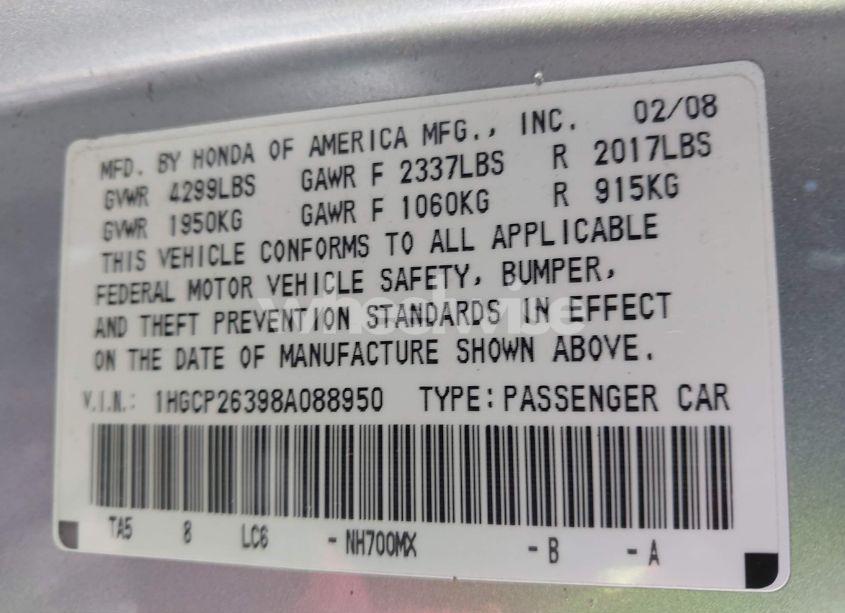 Photo 9 of 2008 Honda Accord 2.4 LX (VIN 1HGCP26398A088950)