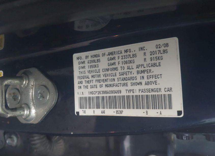 Photo 9 of 2008 Honda Accord 2.4 LX (VIN 1HGCP26398A090469)