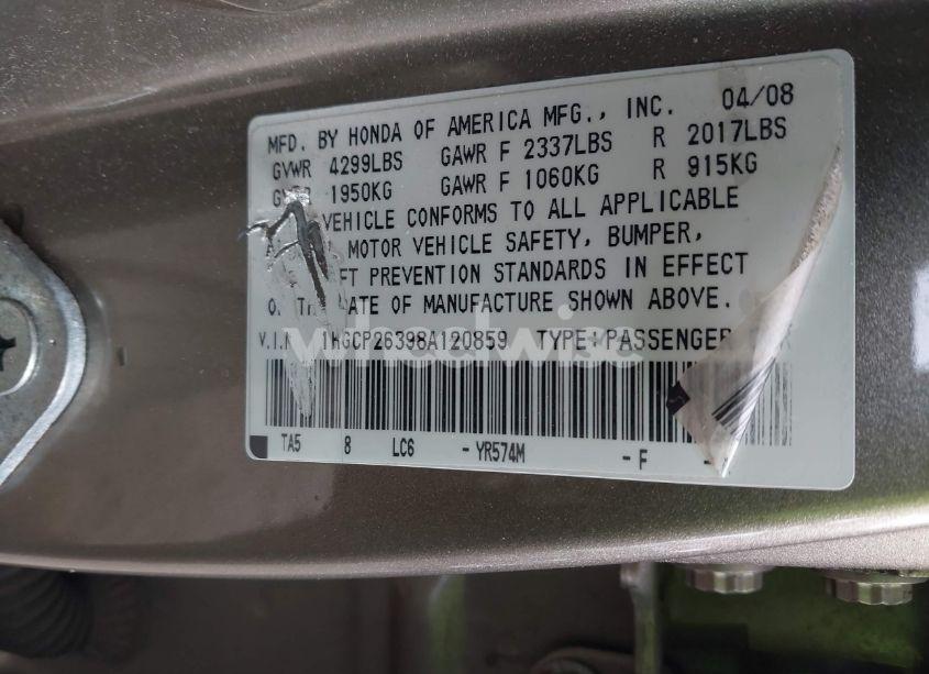 Photo 9 of 2008 Honda Accord 2.4 LX (VIN 1HGCP26398A120859)