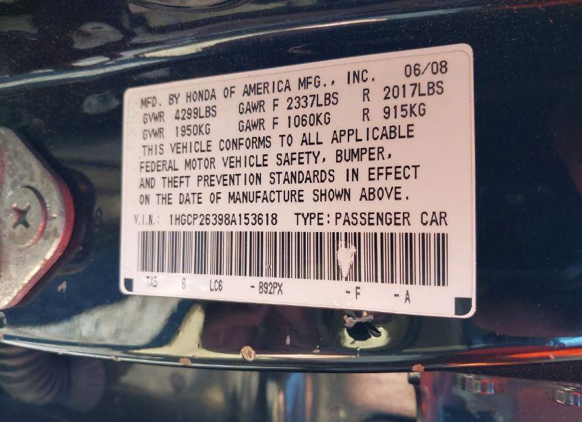 Photo 9 of 2008 Honda Accord 2.4 LX (VIN 1HGCP26398A153618)