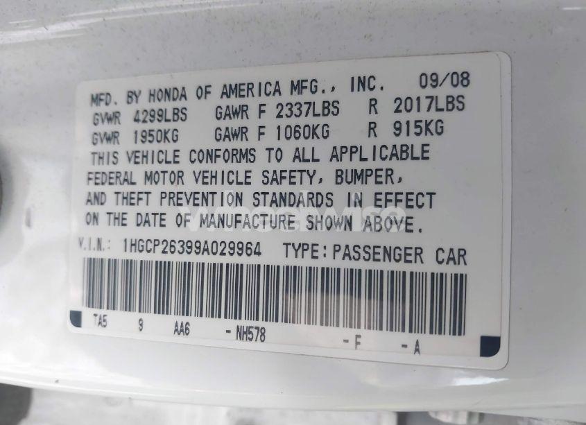 Photo 9 of 2009 Honda Accord 2.4 LX (VIN 1HGCP26399A029964)