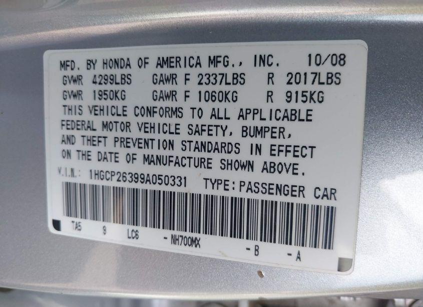 Photo 9 of 2009 Honda Accord 2.4 LX (VIN 1HGCP26399A050331)
