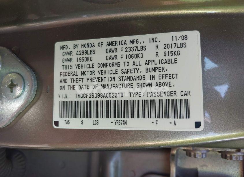 Photo 9 of 2009 Honda Accord 2.4 LX (VIN 1HGCP26399A062219)