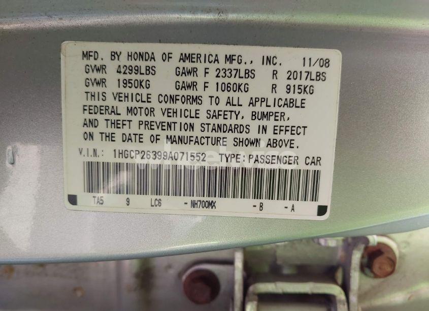 Photo 9 of 2009 Honda Accord LX (VIN 1HGCP26399A071552)