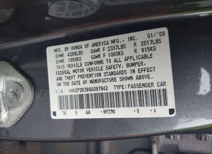 Photo 9 of 2009 Honda Accord 2.4 LX (VIN 1HGCP26399A097942)