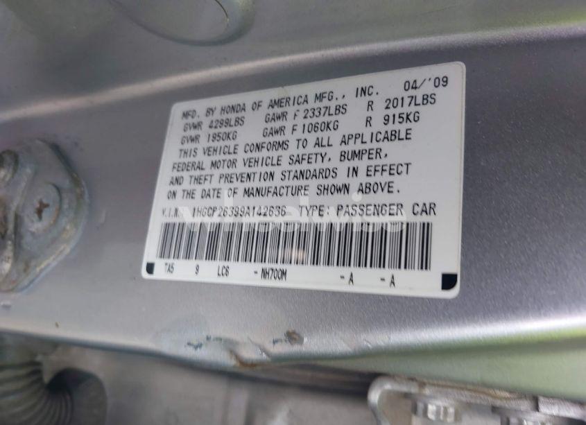 Photo 9 of 2009 Honda Accord 2.4 LX (VIN 1HGCP26399A142636)