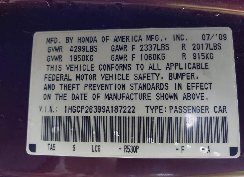 Photo 9 of 2009 Honda Accord 2.4 LX (VIN 1HGCP26399A187222)