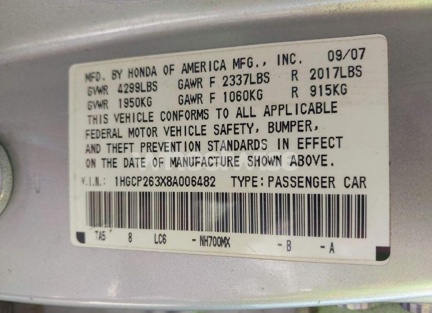 Photo 9 of 2008 Honda Accord 2.4 LX (VIN 1HGCP263X8A006482)