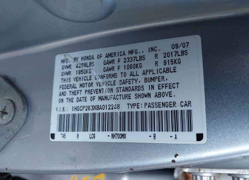 Photo 9 of 2008 Honda Accord 2.4 LX (VIN 1HGCP263X8A012248)