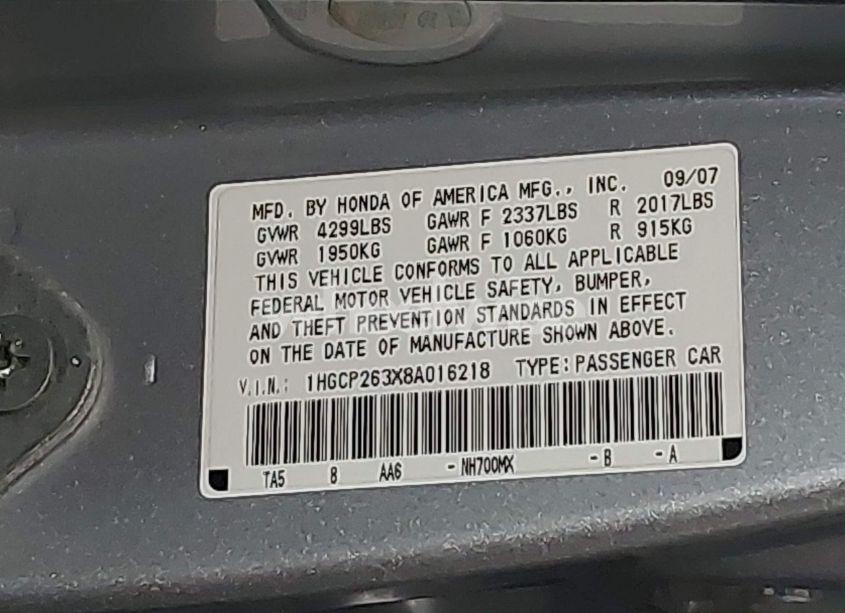Photo 9 of 2008 Honda Accord 2.4 LX (VIN 1HGCP263X8A016218)