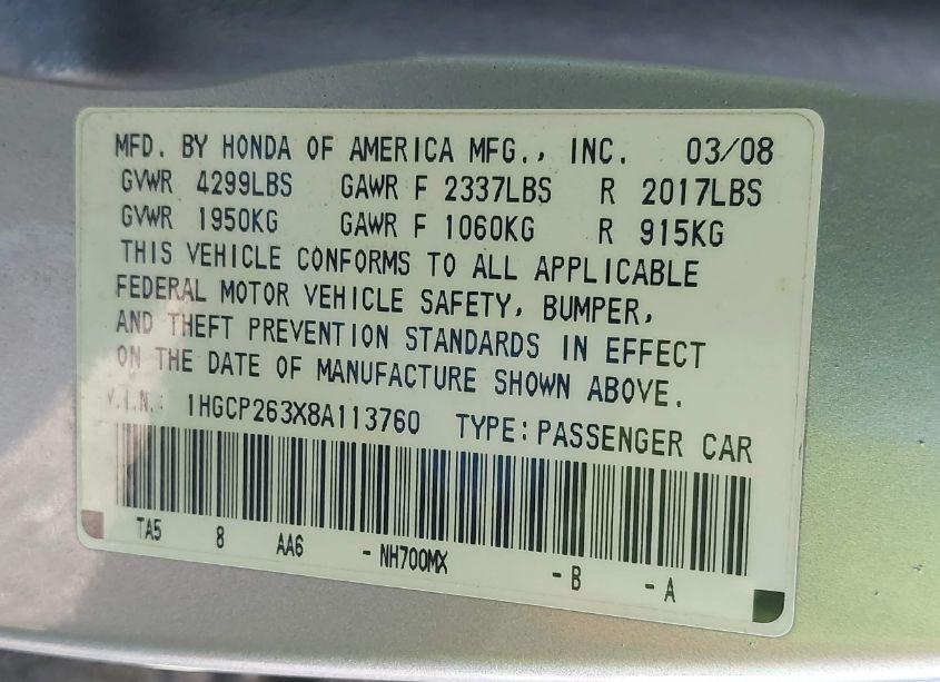 Photo 9 of 2008 Honda Accord 2.4 LX (VIN 1HGCP263X8A113760)