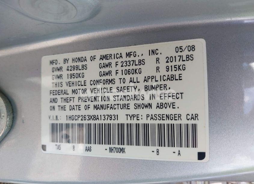 Photo 9 of 2008 Honda Accord 2.4 LX (VIN 1HGCP263X8A137931)