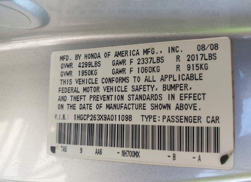 Photo 9 of 2009 Honda Accord 2.4 LX (VIN 1HGCP263X9A011098)