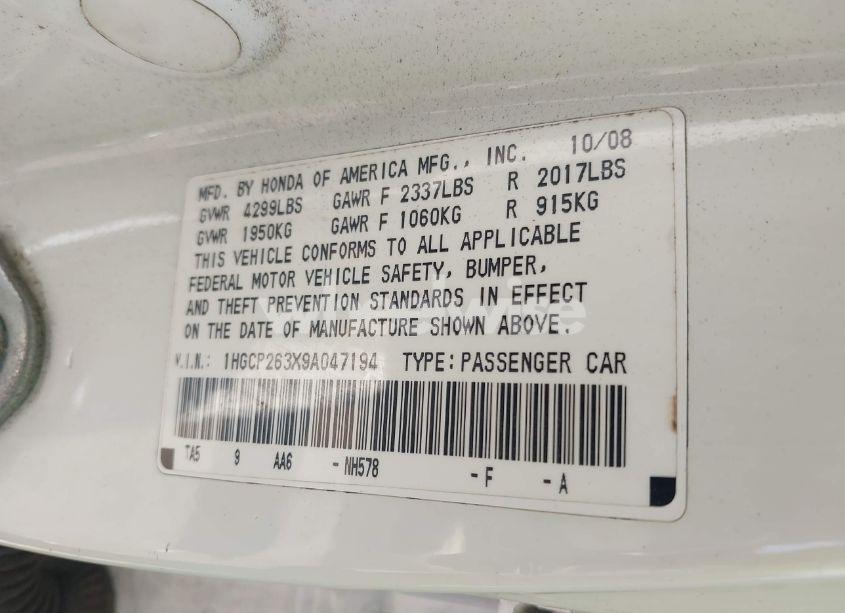 Photo 9 of 2009 Honda Accord 2.4 LX (VIN 1HGCP263X9A047194)