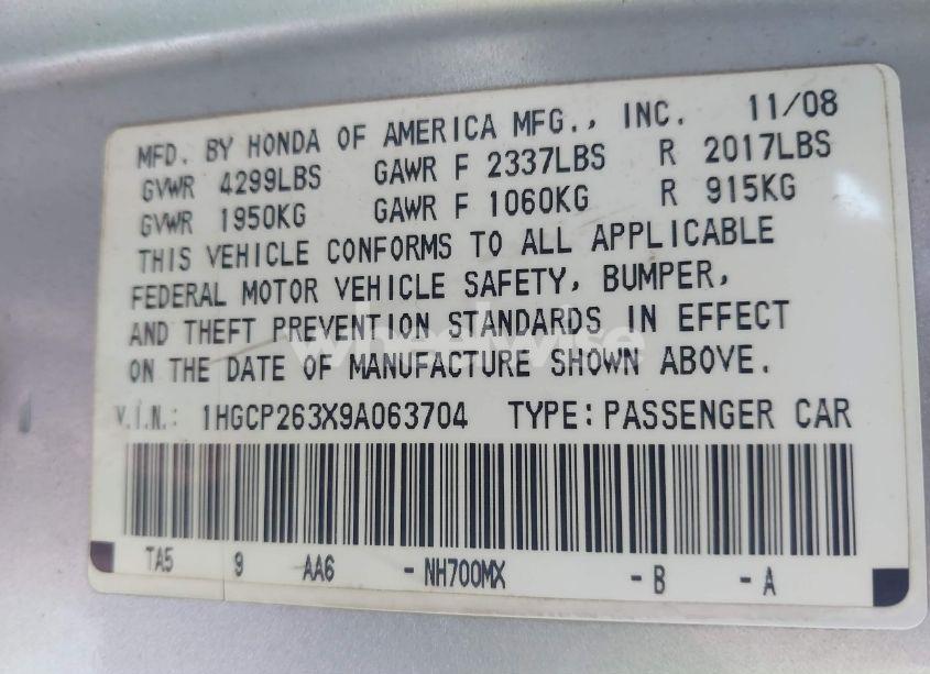 Photo 9 of 2009 Honda Accord 2.4 LX (VIN 1HGCP263X9A063704)