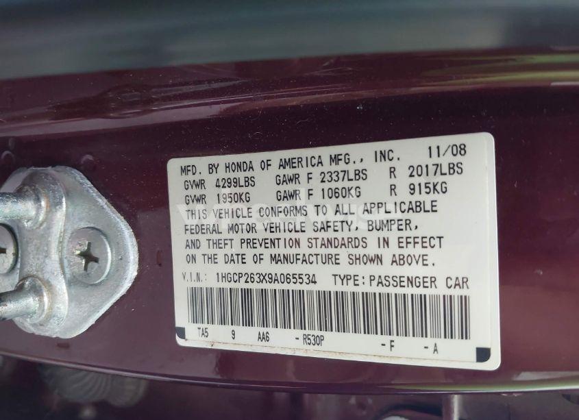 Photo 9 of 2009 Honda Accord 2.4 LX (VIN 1HGCP263X9A065534)