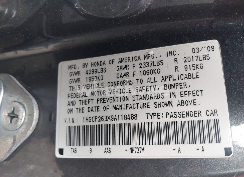 Photo 9 of 2009 Honda Accord 2.4 LX (VIN 1HGCP263X9A118488)
