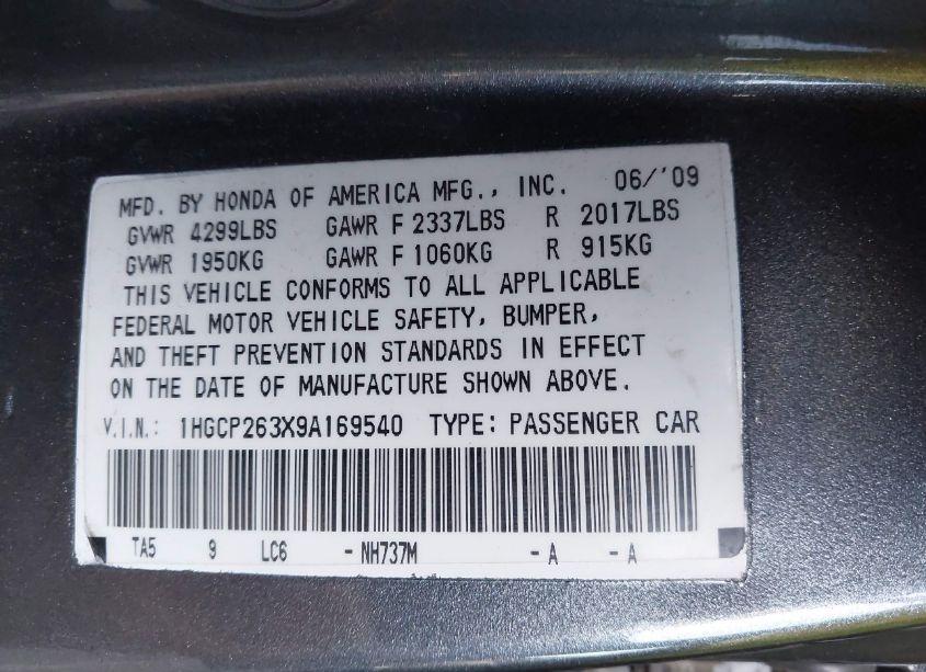 Photo 9 of 2009 Honda Accord 2.4 LX (VIN 1HGCP263X9A169540)