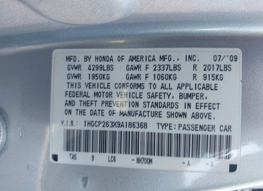 Photo 9 of 2009 Honda Accord 2.4 LX (VIN 1HGCP263X9A186368)