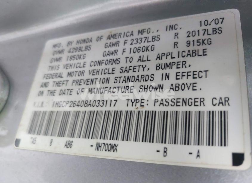 Photo 9 of 2008 Honda Accord 2.4 LX-P (VIN 1HGCP26408A033117)