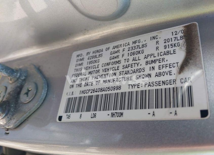 Photo 9 of 2008 Honda Accord 2.4 LX-P (VIN 1HGCP26408A050998)